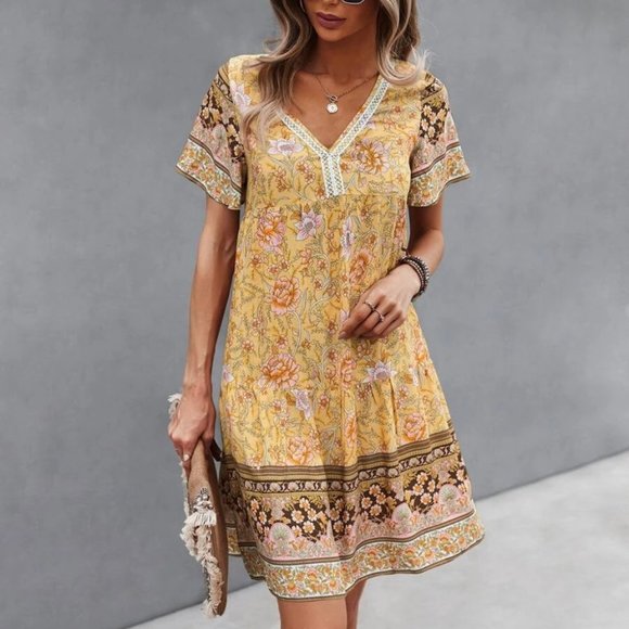 Yellow multi print Floral Smock Dress - Picture 4 of 6